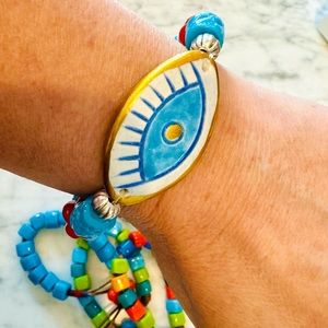 CERAMIC EVIL EYE HANDMADE GOOD LUCK BLUE STRETCH BRACELET ( 1 piece)